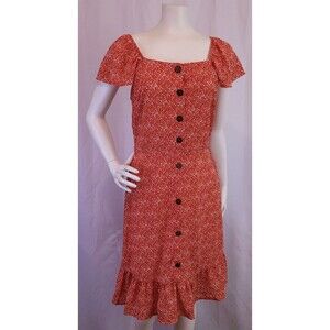 Monteau Womens M Red w/ White Casual Floral Dress Tie Back Button Front EUC